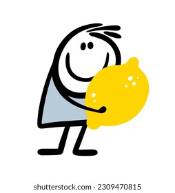 Funny stickman holds a ripe yellow lemon in his hands and smiles. Vector illustration of a farmer with a fruit harvest from the garden.  Isolated image on white background.
