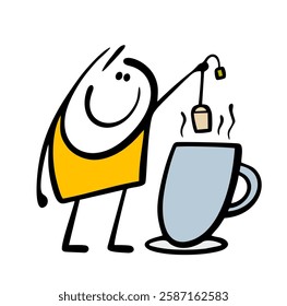 Funny stickman holds a tea bag and dips it into a mug of hot water. Vector illustration of a man preparing a healthy drink, a huge cup and steam. Isolated character on white background.