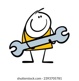 Funny stickman holds a wrench. Vector illustration of a worker with huge tool, cartoon skilled man capable of repairing a thing. Isolated on white background.