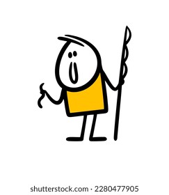 Funny stickman holds  wriggling worm and a fishing rod in his hand. Vector illustration of cartoon character fisherman and his male hobby.