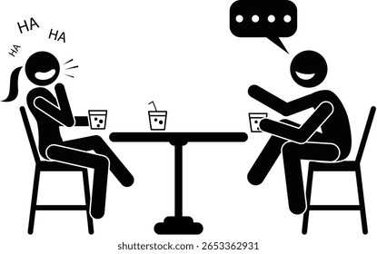 Funny stickman illustration of two people sitting with a table, chatting and laughing together while drinking bubble tea. Perfect for concepts like friendship, humor, dating, or social interaction.