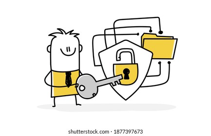 Funny stickman with key. Rights of access, secure file sharing, virtual private network, VPN. Vector illustration.