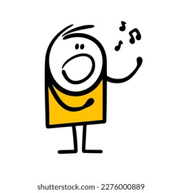 Funny stickman opera singer in the theater performs loudly shelter from modern opera. Vector illustration of stick figure man opening his mouth sounds and notes fly out.