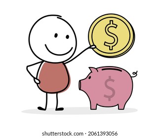 Funny Stickman With Piggy Bank And Dollars. Money Saving Concept. Vector