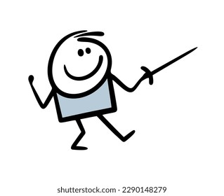 Funny stickman in the pose of a swordsman holds a sharp sword in his hand. Vector illustration of a young athlete.