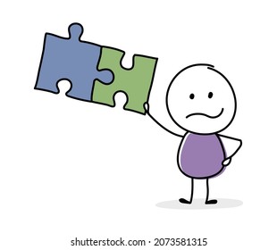 Funny stickman with puzzles. Business concept. Vector