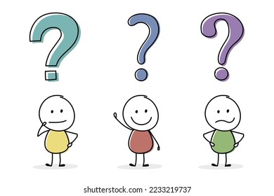 Funny stickman with question mark symbol. Icon set. Vector