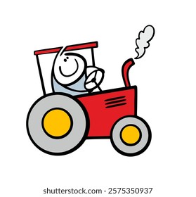 Funny stickman rides on a red tractor. Vector illustration of a tractor driver working on a farm. The farmer controls the machinery, plows the field. Isolated caricature on white background.