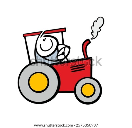 Funny stickman rides on a red tractor. Vector illustration of a tractor driver working on a farm. The farmer controls the machinery, plows the field. Isolated caricature on white background.