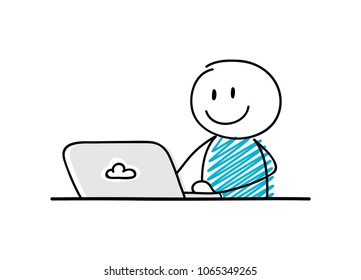Funny stickman with smiley facial expression working on laptop. Vector.