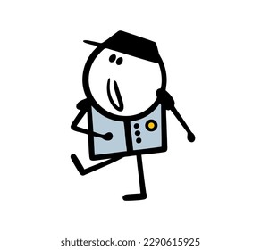 Funny stickman soldier in vintage military uniform bravo marching on parade. Vector illustration of a warrior with an medal.