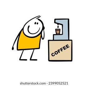 Funny stickman stands and looks at the coffee machine. Preparation of a hot drink in a paper cup. Vector illustration of a break at work in the office. Isolated cartoon character on white background.