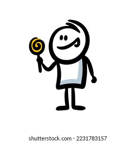 Funny stickman style baby holds a candy and licks his lips with his tongue. Vector illustration of cute child and sweet food gift.
