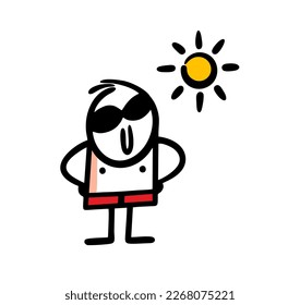 Funny stickman in swimming trunks and sunglasses enjoying          sunny weather on the beach near swimming pool. Vector illustration of cute stick figure boy.