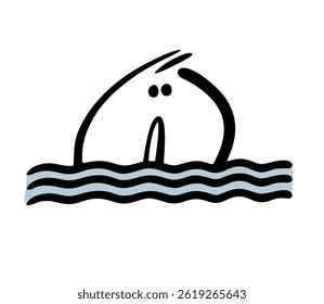Funny stickman swims in the sea, river or ocean. Vector illustration of a head sticking out of the water, a man drowning in a lake or playing sports in a pool. Waves and nature.