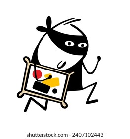 Funny stickman thief with painting escapes from museum. Vector illustration of cartoon robber in black and mask committed crime. Broke the law.  Isolated hand drawn character on white background.