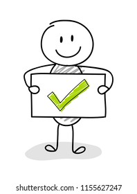 Funny stickman with tick mark (checkmark) icon. Vector.