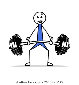 Funny stickman vector illustration lifting heavy barbell, perfect for fitness content, workout posters, and gym-themed designs