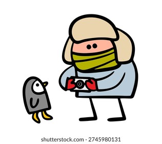 Funny stickman in warm clothes and a fur hat takes pictures of a little penguin in Antarctica. Vector illustration of a wild animal, bird and tourist at the south pole. Cold weather, frost.