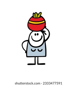  Funny stickman woman walks out of the store and carries a basket on her head. Vector illustration of a housewife in Africa. Funny comics person action isolated on white background.