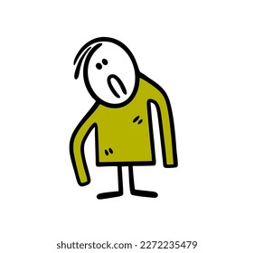 Funny stickman wore an oversize sweater.  Vector illustration of a boy in stretched clothes.