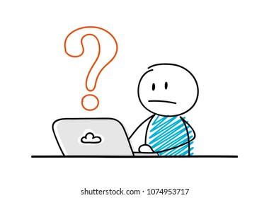 Funny stickman working on laptop - concept with question mark icon. Vector.