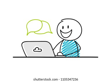 Funny stickman working on laptop - concept with chat icon. Vector.