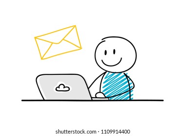 Funny stickman working on laptop - concept with envelope (email) icon. Vector.