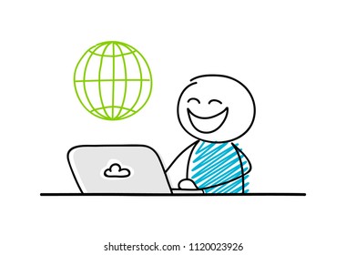 Funny stickman working on laptop - concept with globe icon. Vector.