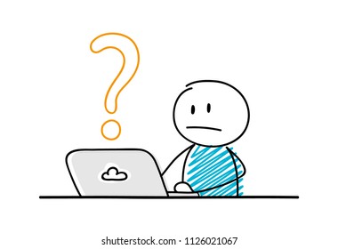 Funny stickman working on laptop - concept with question mark icon. Vector.