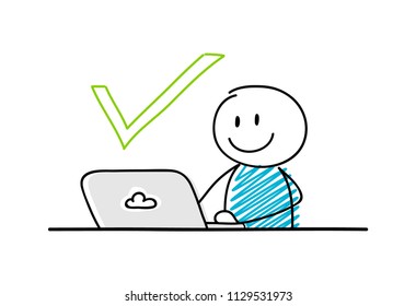 Funny stickman working on laptop - concept with check mark icon. Vector.