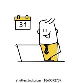 Funny stickman working on laptop, planning concept. Hand drawn vector illustration.