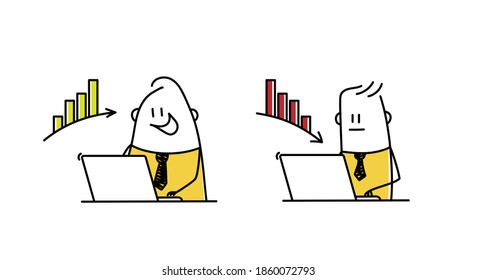 Funny stickman working on laptop, decrease and increase graph icon concept. Hand drawn vector illustration.