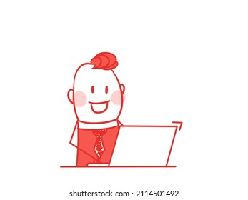Funny stickman working on laptop, planning concept. Hand drawn vector illustration.