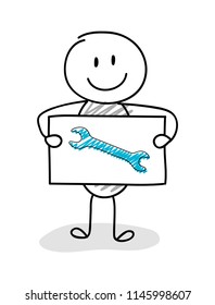 Funny stickman with wrench (work concept) icon. Vector.