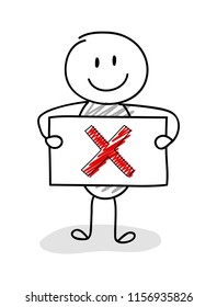 Funny stickman with x-mark (checkmark) icon. Vector.
