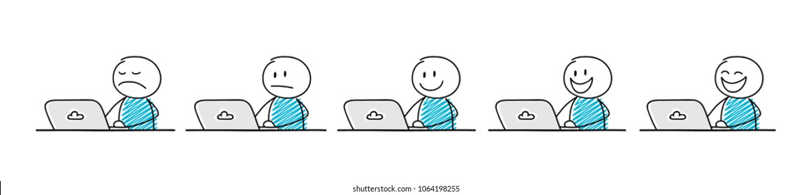 Funny stickmen with different facial expressions working on laptop - big set. Vector. 