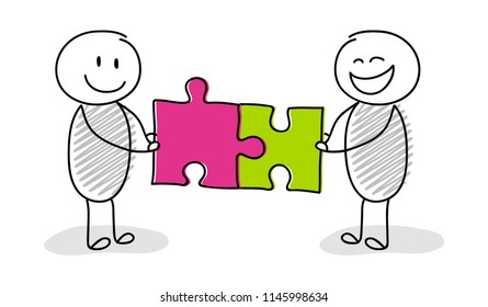Funny stickmen doing puzzles - business concept. Vector.
