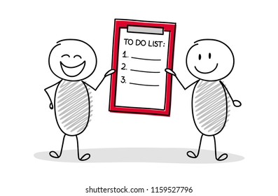 Funny Stickmen Holding Clipboard With To Do List. Vector.