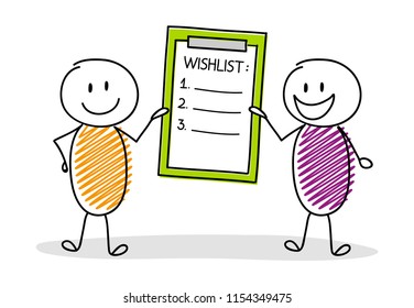 Funny Stickmen Holding Clipboard With Wish List. Vector