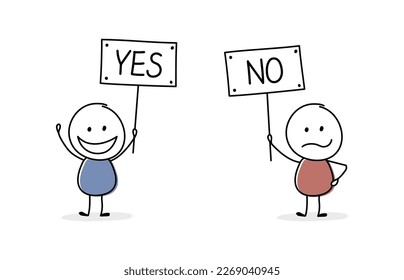 Funny stickmen with text on a board - yes and no. Business meeting concept. Vector