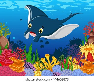 funny stingray cartoon with beauty sea life background