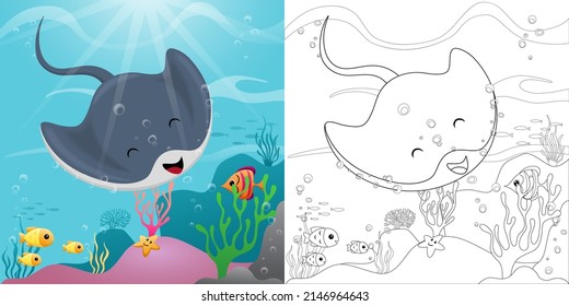 Funny stingray cartoon with fishes and starfish underwater, coloring book or page