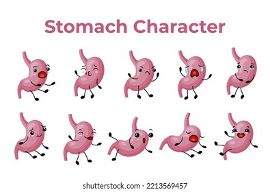 Funny stomach character with different emotions set vector flat illustration. Abdomen human internal organ mascot emoticon screaming kiss love angry crying smiling upset sleeping. Belly gut emoji