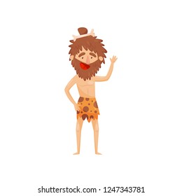 Funny stone age prehistoric man, primitive cavemen cartoon character vector Illustration on a white background