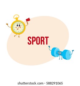 Funny stopwatch and dumbbell characters with human faces, sport equipment, cartoon vector illustration with place for text. Funny stopwatch and dumbbell characters, gym training concept