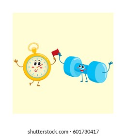 Funny stopwatch and dumbbell characters with human faces, sport equipment, cartoon vector illustration isolated on white background. 
