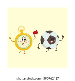 Funny stopwatch and football ball characters with smiling human faces, sport games, cartoon vector illustration isolated on white background. Smiling stopwatch and football, soccer ball characters