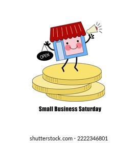 Funny Store Character  With Megaphone,  Coins  And A Sign Opensaturday Small Business Event, Vector Doodle Cartoon Flat Illustration , Banner, Poster, Flyer For Social Media.