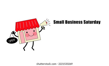 Funny Store Character  With Megaphone And A Sign Opensaturday Small Business Event, Vector Doodle Cartoon Flat Illustration , Banner, Poster, Flyer For Social Media.